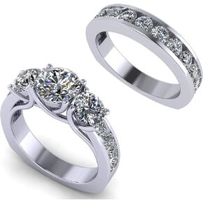 Central Diamond Center Wedding Set Anniversary Set 3 Stone Past Present Future Ring & Band Silver & Zirconia 3.25ctw Size 7 Euro