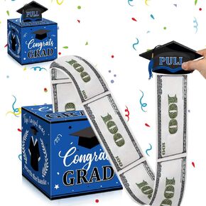 Hollowfly Graduation Money Box for Cash Gift Pull 2024 Black and Blue Graduation Party Cash Box with Pull Out Card and OPP Bag Grad Pull Money Gift Holders for Class of 2024 Grad Party Favors