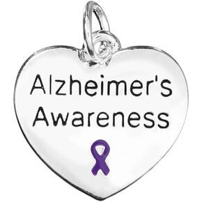 Heart Charm with Purple Ribbon for Alzheimer's Disease Awareness - Perfect for Jewelry Making, Bracelets, Necklaces, DIY Projects, Support Groups and Fundraisers