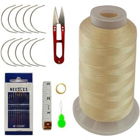 Hair Weave Needle and Thread Set Dark Brown Weft Sewing Thread C Curved Needles Kit for Wig Making Blocking Knitting Modelling and Crafts,with Scissor Tape Measure Threader and Thimble
