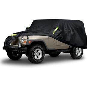 أغطية سيارة مقاومة للماء بديلة لـ 1987-2006 Jeep Wrangler 2 Door، 6 طبقات غطاء سيارة مناسب لجميع الأحوال الجوية مع باب بسحاب وحزام مقاوم للرياح للحماية من غبار المطر الثلجي (19-06 بابين)