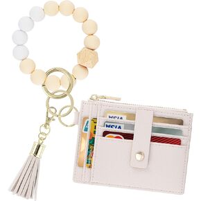 Keychain Wristlet Wallet for Women, Slim RFID Credit Card Holder Purse Tassel Keychain Bangle Key Ring for Women (Upgrade RFID, Beige)