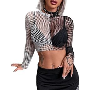jascaela Women's Sexy Hollow Out Long Sleeve T Shirts Solid Black Cutout Crop Tops with Buckle for Rave Club Dance Party