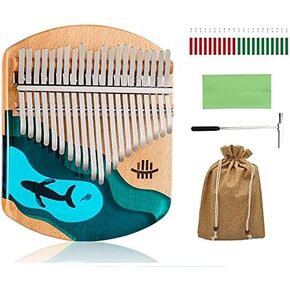 Hluru 21 Key Ocean Kalimba | Round Corner Resin & Beech Material Whale Jellyfish Thumb Piano Blue, HL-21BON