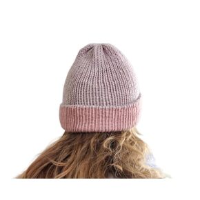 Womens Pink and Beige Double Layer Beanie with Brim