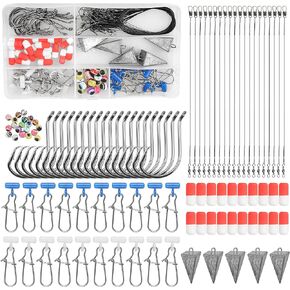 105PCS Surf Fishing Tackle Kit Fish Finder Rigs Saltwater Surf Fishing Rigs Live Bait Rigs with Hooks Floats Sinker Slider Beads Pyramid Sinkers Leaders for Bass Beach Ocean Fishing Gear Accessories