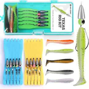 Texas Rig Kit 10 PCs 3/16 1/4 3/8oz with Paddle Tail Swimbaits and Reusable Bait Rig Keeper Case, Quick-Fishing Bass Fishing Lures Kit
