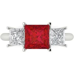 Clara Pucci 2.94ct Princess Cut 3 Stone Solitaire accent Simulated Red Ruby Designer Wedding Anniversary Bridal Ring 14k White Gold