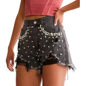 Kedera Women's Rhinestone High Waist Denim Shorts Casual Distressed Stretch Jean Shorts Frayed Ripped Jeans Shorts