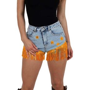 LifeShe Women's Fringe Denim Shorts Sequin Stars Pattern High Waist Stretchy Tassel Jean Shorts