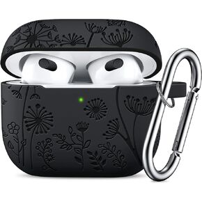 Lerobo Flower Engraved Case Compatible for AirPods 3rd Generation Case Cover with Keychain Accessories,Silicone Skin Cover for Apple AirPod 3rd Generation,Full Protection,Front LED Visible,Black