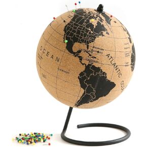 Cork Globe with Push Pins - 9.4" Push Pin Globe with Map of the World and Rotating Stand for Children or Adults, 100 Colored Push Pins - World Globe for Home, Office, Classroom, Travel, Kids