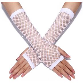 CASDRE Fingerless Rhinestone Mesh Gloves Elbow Length Fishnet Gloves Sparkly Halloween Rave Cosplay Glove for Women and Girls