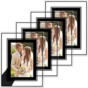 PHAREGE 4 Pack 4x6 Glass Picture Frames Black, 4 by 6 Clear Frame for Wedding Photo, Display Vertically or Horizontally on Tabletop