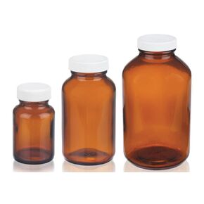 Wheaton W216952 Wide Mouth Packer Bottle, Amber Glass, Capacity 2oz With 33-400 Black Phenolic Poly-Seal Lined Screw Cap, Diameter 44mm x 75mm (Case Of 24),1701V57CS