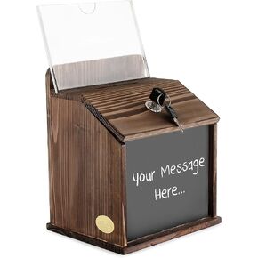 Rustic Burnt Wood Wall Mount or countertop Restaurant Tip Box,Fundraising Donation Money Collection/wide slot Comment Ballot Box with Lock and Keys,Clear Acrylic Display Holder and Chalkboard Surface