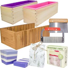 Soap Mold Making Kit with Wooden Cutter Soap Molds Silicone 46oz Purple | Melt and Pour or Cold Process, 50pc Soap Packaging Paper Bags and Slicer | Gift for Wife Women Housewife Soaper
