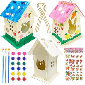 3 Pack Fun Animal DIY Birdhouse Kit for Kids to Build and Paint, Include 3 Unfinished Wooden Bird House, Paint Strips & Brush, Stickers for Girls Boys DIY Crafts and Art Activity Crafts Class Party in Kuwait