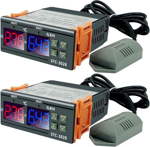 قطعتان للتحكم في درجة الحرارة والرطوبة STC-3028، AC110 ~ 220 فولت، وحدة تحكم في درجة الحرارة والرطوبة لجميع الأغراض مع شاشات عرض مزدوجة، ومخرجات مرحل مزدوجة ومستشعر مدمج in Kuwait