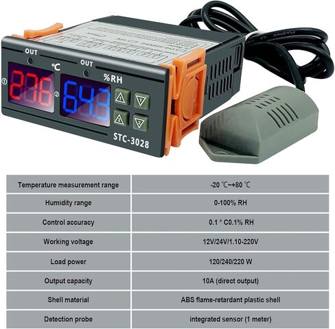 قطعتان للتحكم في درجة الحرارة والرطوبة STC-3028، AC110 ~ 220 فولت، وحدة تحكم في درجة الحرارة والرطوبة لجميع الأغراض مع شاشات عرض مزدوجة، ومخرجات مرحل مزدوجة ومستشعر مدمج in Kuwait