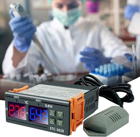قطعتان للتحكم في درجة الحرارة والرطوبة STC-3028، AC110 ~ 220 فولت، وحدة تحكم في درجة الحرارة والرطوبة لجميع الأغراض مع شاشات عرض مزدوجة، ومخرجات مرحل مزدوجة ومستشعر مدمج in Kuwait