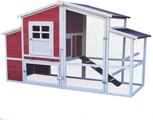 Hanover Outdoor Elevated Wooden Chicken Coop with Ramp, Wire Mesh Run, Waterproof Roof, Removable Tray, and External Door, Durable Chicken Run for Backyard and Lawn, Red and White in Saudi Arabia