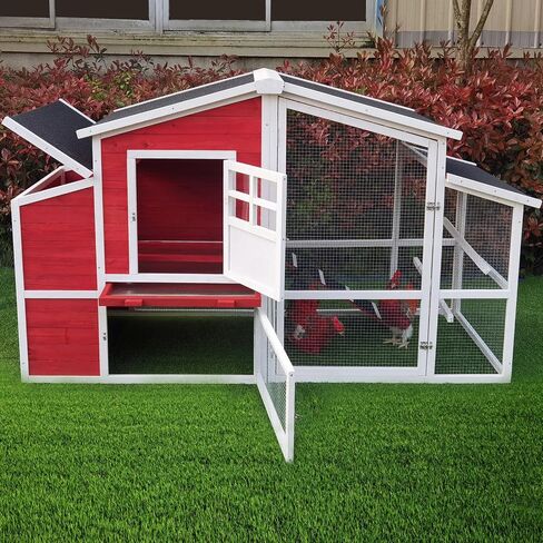 Hanover Outdoor Elevated Wooden Chicken Coop with Ramp, Wire Mesh Run, Waterproof Roof, Removable Tray, and External Door, Durable Chicken Run for Backyard and Lawn, Red and White in Saudi Arabia