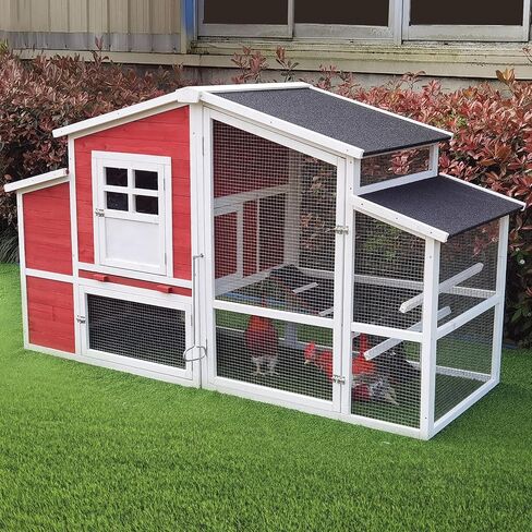 Hanover Outdoor Elevated Wooden Chicken Coop with Ramp, Wire Mesh Run, Waterproof Roof, Removable Tray, and External Door, Durable Chicken Run for Backyard and Lawn, Red and White in Saudi Arabia