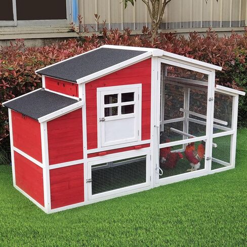 Hanover Outdoor Elevated Wooden Chicken Coop with Ramp, Wire Mesh Run, Waterproof Roof, Removable Tray, and External Door, Durable Chicken Run for Backyard and Lawn, Red and White in Saudi Arabia