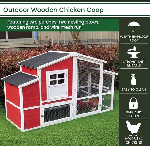 Hanover Outdoor Elevated Wooden Chicken Coop with Ramp, Wire Mesh Run, Waterproof Roof, Removable Tray, and External Door, Durable Chicken Run for Backyard and Lawn, Red and White in Saudi Arabia