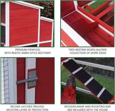 Hanover Outdoor Elevated Wooden Chicken Coop with Ramp, Wire Mesh Run, Waterproof Roof, Removable Tray, and External Door, Durable Chicken Run for Backyard and Lawn, Red and White in Saudi Arabia