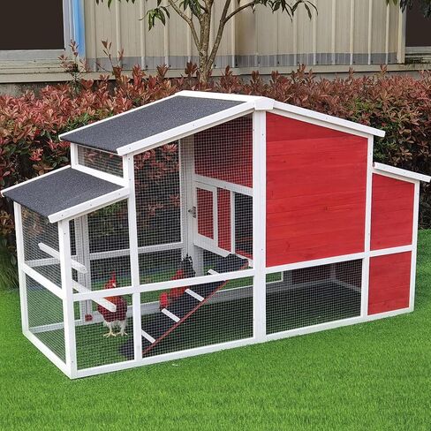 Hanover Outdoor Elevated Wooden Chicken Coop with Ramp, Wire Mesh Run, Waterproof Roof, Removable Tray, and External Door, Durable Chicken Run for Backyard and Lawn, Red and White in Saudi Arabia