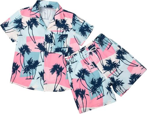 Boys Hawaiian Shirt and Quick Dry Beach Shorts 2 Piece Vacation Outfits Sets Casual Button Down Floral Suits in Saudi Arabia
