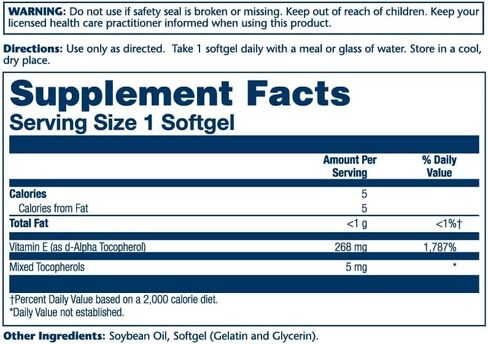 SOLARAY Vitamin E d-Alpha Tocopherol 268mg (400 IU) | Heart & Skin Health, Antioxidant Activity Support (50 Count) in Saudi Arabia