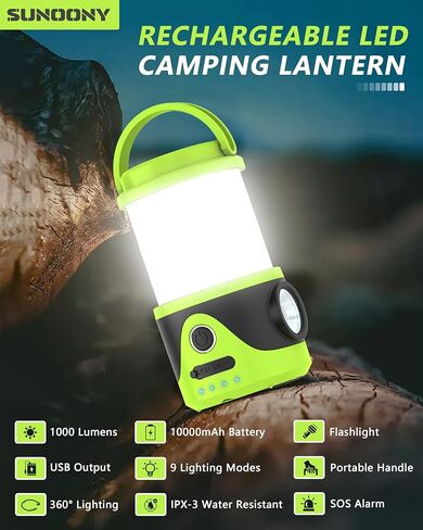 مصباح يدوي Sunoony قابل لإعادة الشحن LED للتخييم، 9 أوضاع إضاءة 3 درجات حرارة لونية 10000 مللي أمبير في الساعة مخرج USB، IPX3 مقاوم للماء، مقبض محمول، ضوء الطوارئ للإعصار، وانقطاع الطاقة، والمنزل، والمشي لمسافات طويلة in Kuwait