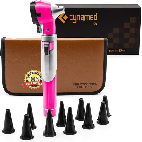 Cynamed Mini Otoscope - Portable Ear Light and Exam Kit for Home and Professional Use - 4X Magnifying Fiber Optic Scope with Spare Tips, Bulb, and Carrying Case (Pink) in Saudi Arabia