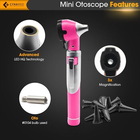 Cynamed Mini Otoscope - Portable Ear Light and Exam Kit for Home and Professional Use - 4X Magnifying Fiber Optic Scope with Spare Tips, Bulb, and Carrying Case (Pink) in Saudi Arabia