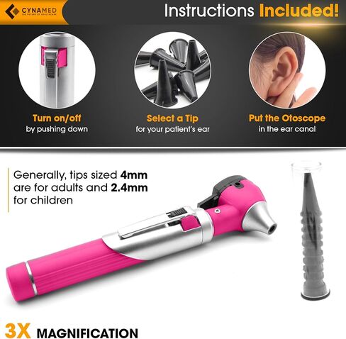 Cynamed Mini Otoscope - Portable Ear Light and Exam Kit for Home and Professional Use - 4X Magnifying Fiber Optic Scope with Spare Tips, Bulb, and Carrying Case (Pink) in Saudi Arabia