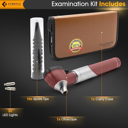 Cynamed Mini Otoscope - Portable Ear Light and Exam Kit for Home and Professional Use - 4X Magnifying Fiber Optic Scope with Spare Tips, Bulb, and Carrying Case (Burgundy) in Saudi Arabia