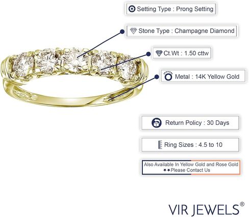 VIR JEWELS 1 cttw to 2 cttw Diamond Wedding Anniversary Band for Women 5 Stone Champagne Diamond Engagement Ring 14K Gold Prong in Saudi Arabia