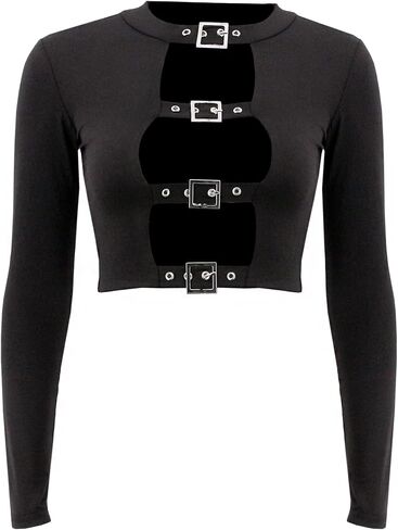 jascaela Women's Sexy Hollow Out Long Sleeve T Shirts Solid Black Cutout Crop Tops with Buckle for Rave Club Dance Party in Saudi Arabia