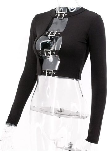 jascaela Women's Sexy Hollow Out Long Sleeve T Shirts Solid Black Cutout Crop Tops with Buckle for Rave Club Dance Party in Saudi Arabia