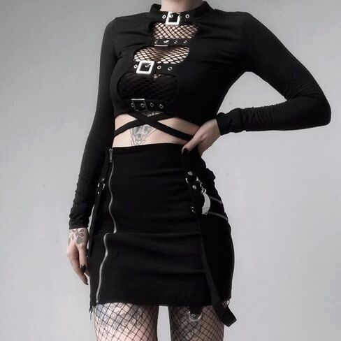 jascaela Women's Sexy Hollow Out Long Sleeve T Shirts Solid Black Cutout Crop Tops with Buckle for Rave Club Dance Party in Saudi Arabia