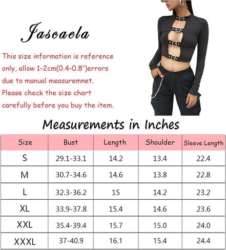 jascaela Women's Sexy Hollow Out Long Sleeve T Shirts Solid Black Cutout Crop Tops with Buckle for Rave Club Dance Party in Saudi Arabia