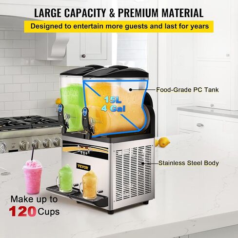 VEVOR Commercial Slushy Machine, 15Lx2/4 Galx2 Food-Grade PC Tank, 1000W 110V, Stainless Steel Margarita Smoothie Frozen Drink Maker, Slushie Machine for Supermarkets Cafes Restaurants Bars Home Use in Saudi Arabia