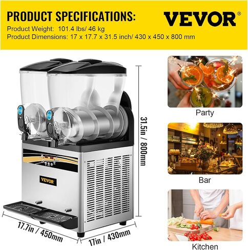 VEVOR Commercial Slushy Machine, 15Lx2/4 Galx2 Food-Grade PC Tank, 1000W 110V, Stainless Steel Margarita Smoothie Frozen Drink Maker, Slushie Machine for Supermarkets Cafes Restaurants Bars Home Use in Saudi Arabia