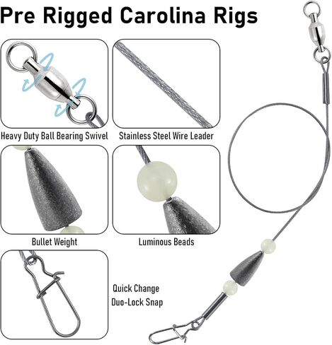 Dr.Fish 15 Pack Carolina Ready Rigs with Bullet Sinkers, Pre Rigged Stainless Steel Wire Leaders for Bass Fishing Rigs Snelled Hooks Freshwater Leaders with Swivels Catfish Walleye in Saudi Arabia