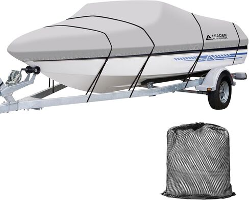 غطاء قارب قابل للسحب مصبوغ مقاوم للماء وقابل للقطر من شركة Leader Accessories Solution مناسب لقوارب صيد الأسماك على شكل V ثلاثي الهيكل وقوارب الباس ذات الطراز الاحترافي، مقاس كامل in Kuwait