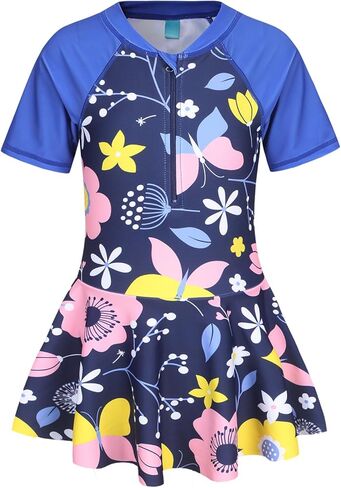Girls One Piece Swimsuits Bathing Suit for Kids Girls Summer Swim Dress Short Sleeve Swimwear 3-16 Years in Saudi Arabia