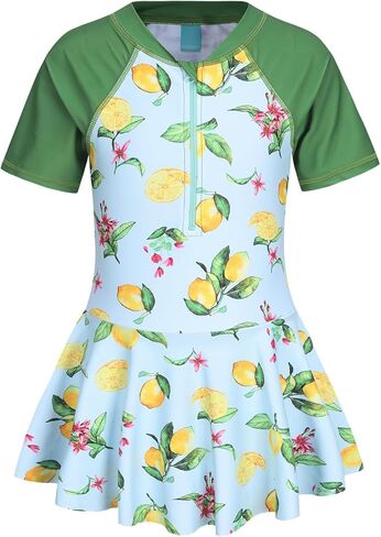 Girls One Piece Swimsuits Bathing Suit for Kids Girls Summer Swim Dress Short Sleeve Swimwear 3-16 Years in Kuwait